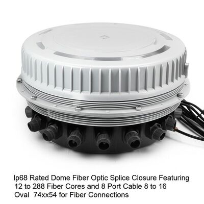 Ip68 تقييم القبة الألياف الضوئية إغلاق الالتفاف مع 12 إلى 288 أساس الألياف و 8 كابل منفذ 8 إلى 16 بيضاوي 74x54 للاتصالات الألياف